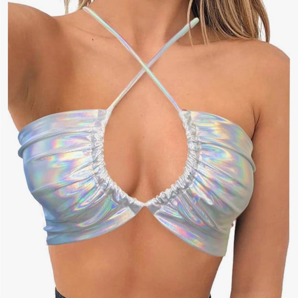 Women’s silver metallic rave top.